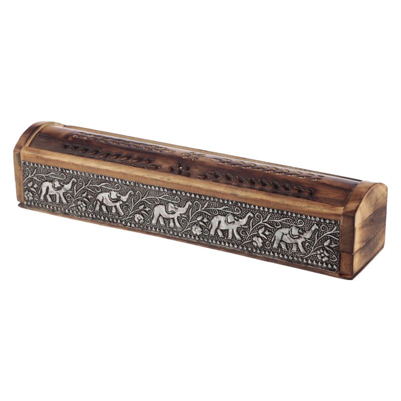 Mango Wood Ashcatcher Incense Sticks & Cones Burner Box with Elephant Inlay and Sliding Lid
