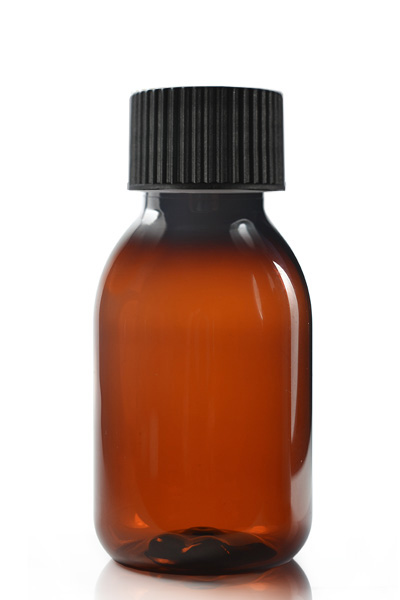 125ml Amber Plastic Sirop Bottle & 28mm Black Screw Cap