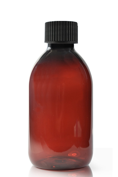 250ml Amber Plastic Sirop Bottle & 28mm Black Screw Cap
