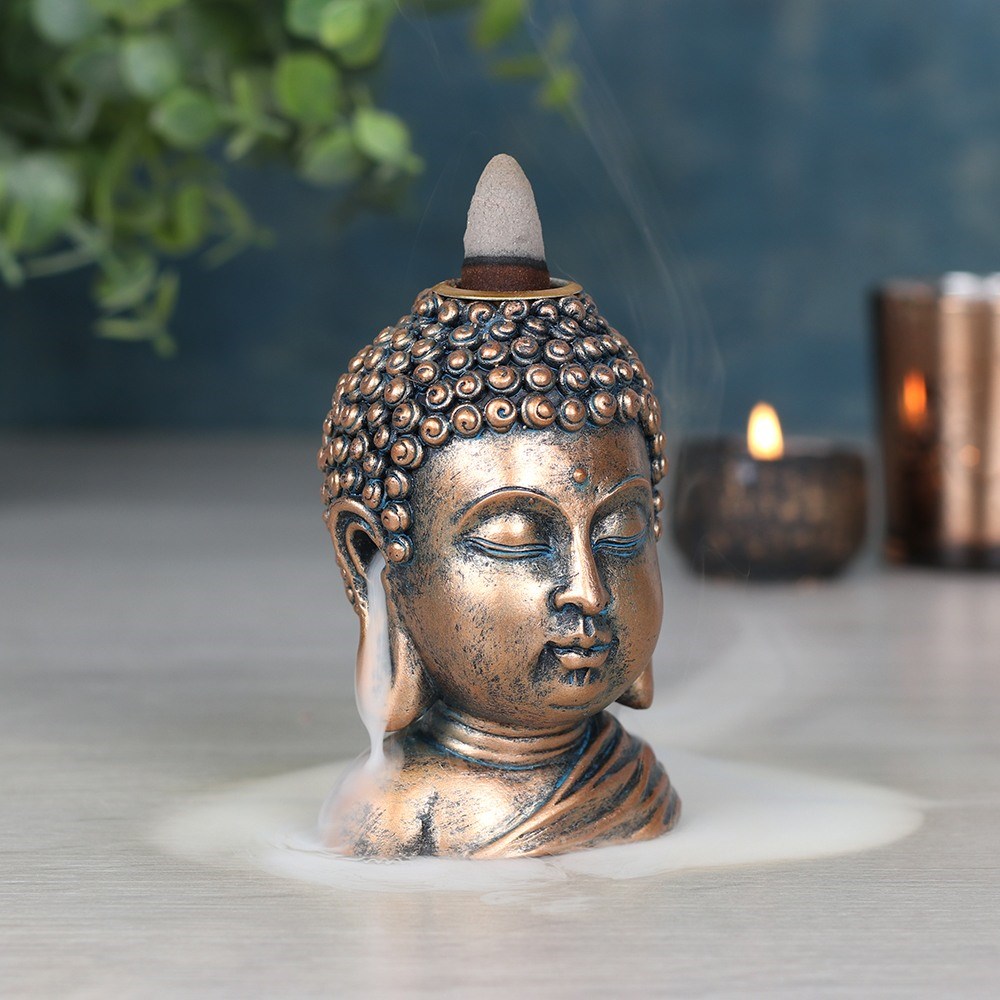 Bronze Buddha Head Backflow Incense Burner - With 10 x Free Cones