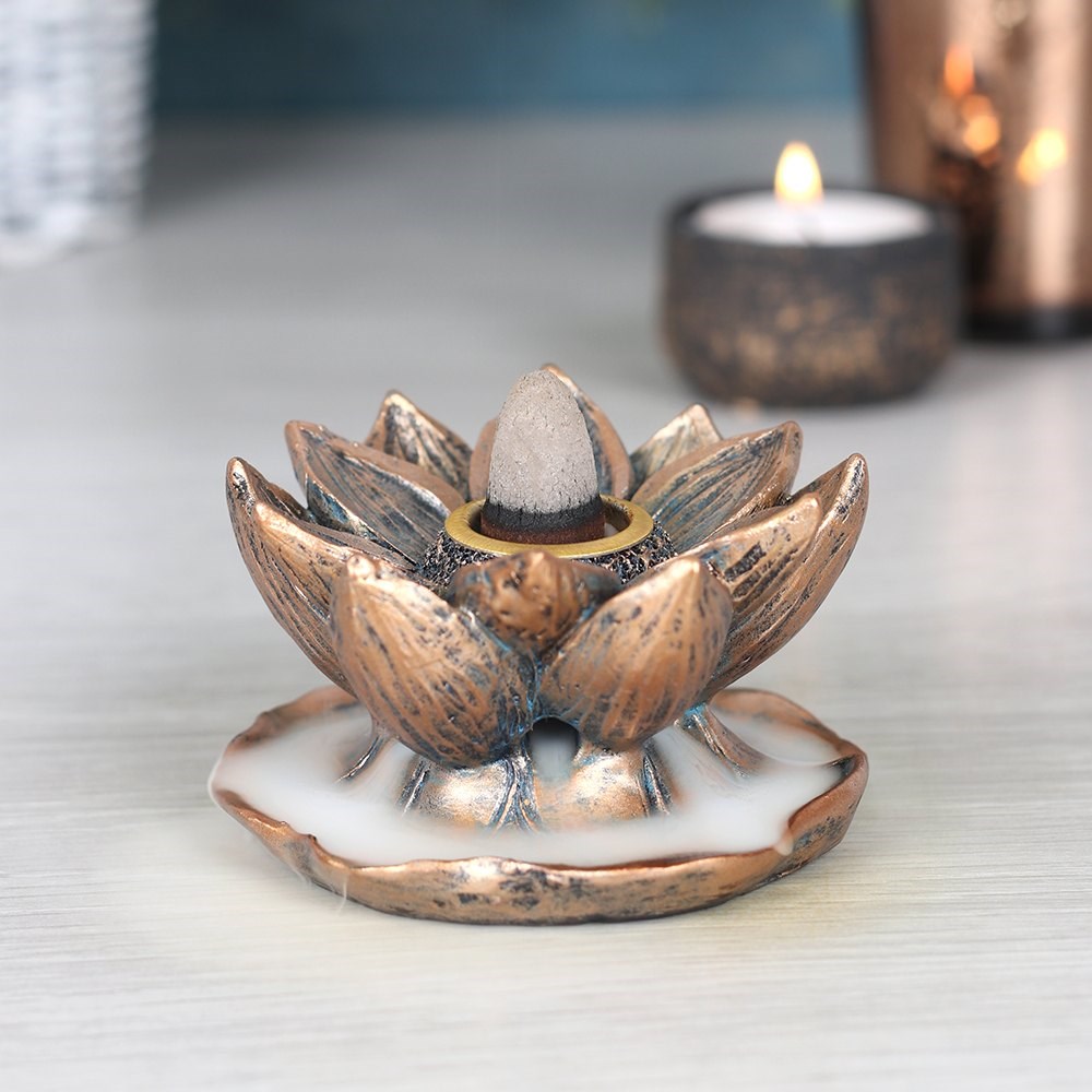Bronze Lotus Flower Backflow Incense Burner - With 10 x Free Cones