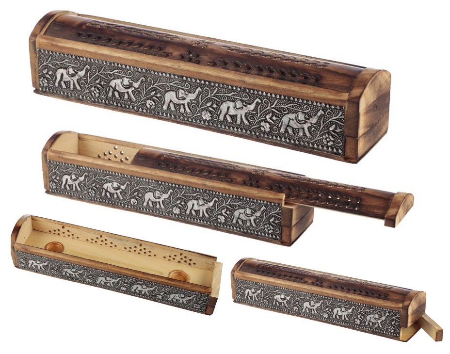 Mango Wood Ashcatcher Incense Sticks & Cones Burner Box with Elephant Inlay and Sliding Lid