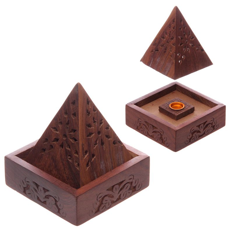 Sheesham Wood Pyramid Incense Cone Box with Flower Fretwork